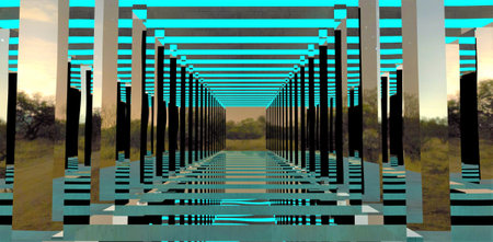 architectural abstraction. Mirror glass columns. Illumination from above with turquoise light. View from a futuristic building on the evening forest. 3d rendering.の写真素材