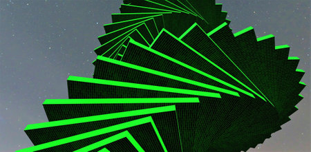 A spiral staircase with ends highlighted in green goes into the night starry sky. 3d rendering.