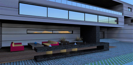 A cozy recreational area on the territory of a newly built smart home finished with energy-efficient composite panels. Comfortable furniture, designer bar with pouffes. 3d rendering.の写真素材