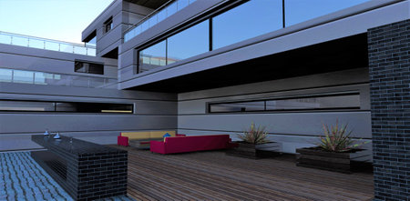 Place for rest in the courtyard of a modern low-rise office. Comfortable sofas and tables. Author's bar with pouffes. Vases with exotic plants. 3d rendering.の写真素材