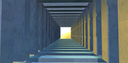 A light in the end of a tunnel. Concrete square structures are lined up. The sun shines at the end. 3d rendering.の写真素材
