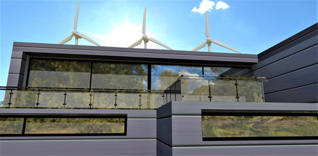 Modern wind turbines in the background of a futuristic energy-independent house finished with special composite panels. 3d rendering.の写真素材