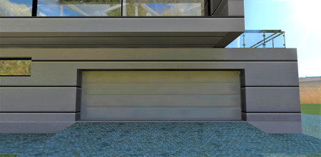 Design of the entrance to the garage in an advanced smart country house. Metal lifting gates on remote control. Finishing the facade with composite aluminum panels. 3d rendering.の写真素材