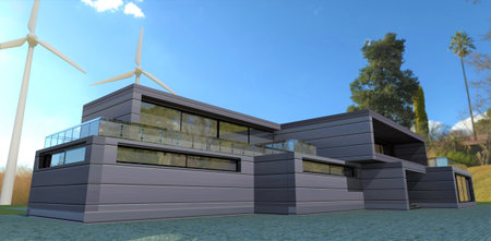 The building is designed with the use of renewable energy elements. Tall white wind turbines in the background. Facade decoration from energy-efficient composite panels. 3d rendering.の写真素材