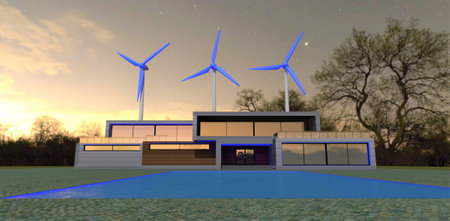 Blue wind turbine blades behind a smart tech house with a swimming pool under a starry evening sky. 3d rendering.の写真素材