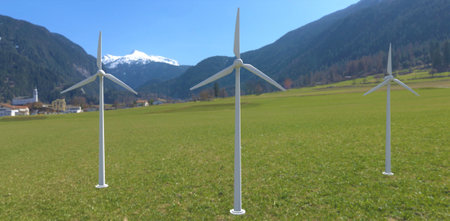 Three industrial wind turbines capable of supplying power to an entire village in a remote mountainous region. 3d rendering.の写真素材