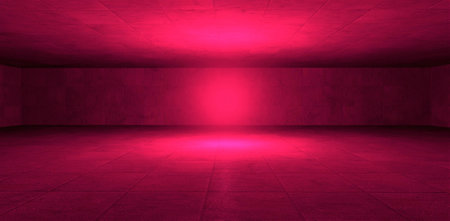 Empty concrete walls illuminated by a red light source from a parallel space. suitable for studio photography. 3d rendering.の写真素材