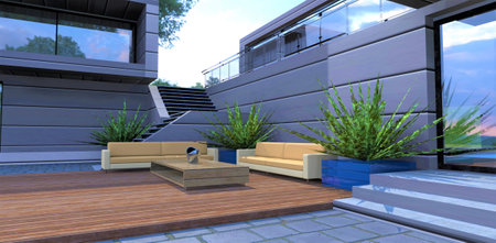 Compact patio in the courtyard of a modern house. Stairs down from the terrace to the seating area. wooden flooring. Wall decoration aluminum panels. 3d rendering.の写真素材