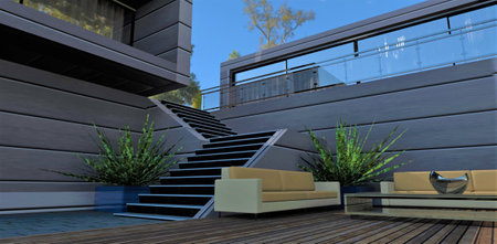 Climbing the stone stairs to the upper terrace past a compact patio on a wooden deck in the courtyard of a technological house. 3d rendering.の写真素材