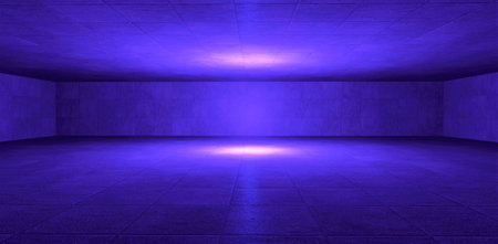 Halo of a light blue light source. Empty space bounded by concrete walls. Lighting is reflected on the surface, emphasizing the texture of the material. 3d rendering.の写真素材