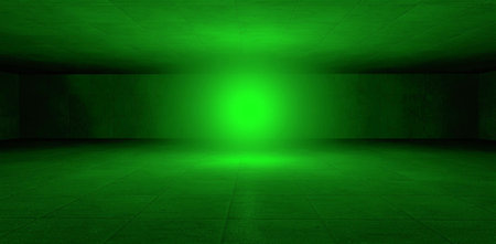 A halo of a visible ball of green light hangs in space, reflecting on the surface of the concrete walls. A soul that has just arrived in purgatory. 3d rendering.の写真素材
