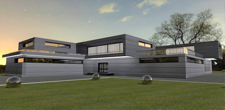 Starry evening in the courtyard of a stylish cozy country house illuminated with white LED light. Steel reflective balls on the lawn near the entrance. 3d rendering.の写真素材