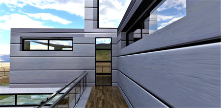 The concept of a stylish balcony. Wall decoration metal insulated panels. Parquet flooring. Glass railing with steel fittings. 3d rendering.の写真素材