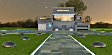 The road to the porch of the house is paved with large concrete slabs. White glowing border. Decor reflecting lawn ellipsoids. 3d rendering.の写真素材