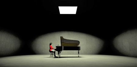 A woman in a red blouse plays the piano in the rays of everything falling through a hole in the ceiling of a dark concrete room. 3d rendering.の写真素材