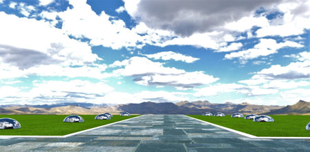 A road going nowhere, paved with concrete slabs. Mercury ellipsoids crawl along the sides. Mountains in the distance. overhanging white clouds. 3d rendering.の写真素材