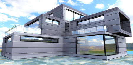 Futuristic project of a private house in a brutal style. Facade decoration with modern parallel aluminum panels. 3d rendering.の写真素材