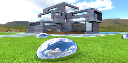 The cloudy sky is reflected on the surface of a chrome-plated ellipsoid dug into the ground in the backyard of a stylish futuristic house. 3d rendering.の写真素材