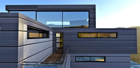 Stylish facade of a country house finished with a material similar to aluminum. Cozy balcony enclosed by glass panels with chrome railings. 3d rendering.の写真素材