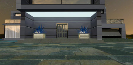 The concept of the porch of the house of the next decade. LED panel at the bottom of the visor. Smart chrome bezel on front door frame. Luminous flowerpots for artificial plants. 3d rendering.の写真素材