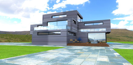 Cobbled road paved with enlarged concrete slabs in front of a modern stylish house. Green meadow and mountain landscape. 3d rendering.の写真素材