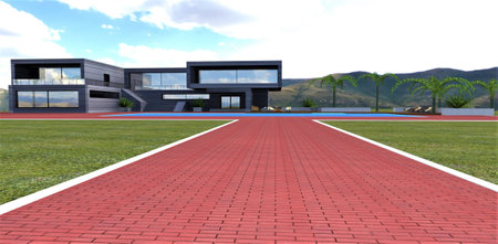 The road to the house is paved with red brick. white border. Large green lawn. White clouds in the blue sky. 3d rendering.の写真素材