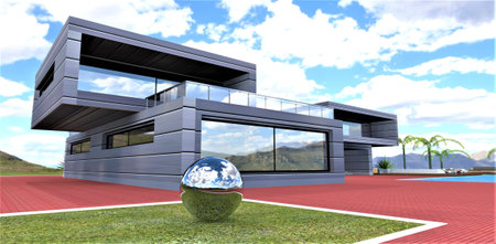 Decoration in the form of a steel ball on the lawn of a stylish country house. Red brick paving stone framed with a white border. 3d rendering.の写真素材
