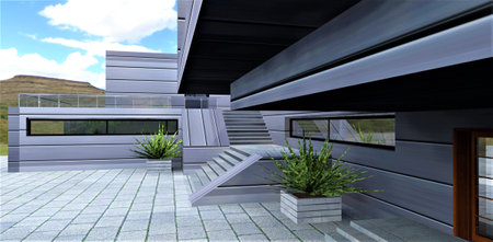 Compact cozy courtyard of a stylish country house designed in a minimalist style. Plants in flowerpots, stairs to the terrace and concrete tiles as paving stones. 3d rendering.の写真素材