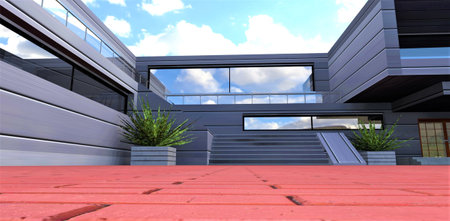 Red paving stones in the yard of a stylish design house built according to an exclusive project. 3d rendering.の写真素材