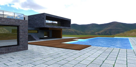 Concrete rectangular pavers in front of the pool of a compact villa finished in gray slate against the backdrop of mountain ranges. 3d rendering.の写真素材