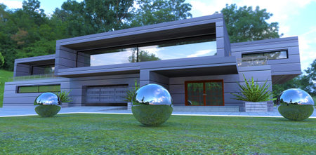 Reflective metal balls in front of the entrance to a futuristic country house lined with a special...