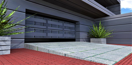 Stylish garage of an advanced country house. Aluminum lifting gates. Red brick pavement. Ramp made of concrete slabs. Facade decoration made of energy-efficient composite. 3d rendering.の写真素材