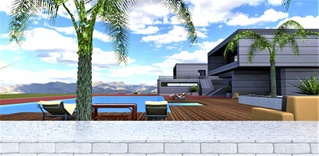Stylish villa on top of a mountain plateau. Recreation area with swimming pool. Wooden flooring in front of a tech attractive house. 3d rendering.の写真素材