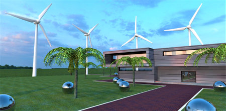 Non-volatile estate of the future. Powerful high-efficiency wind generators. Special balls collect and accumulate all the solar energy that enters the site. 3d rendering.の写真素材