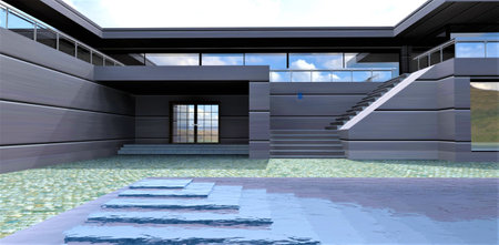 near future. Wellness pool in the courtyard of a smart home. Special radiation revitalizes the water to restore the body. 3d rendering.の写真素材