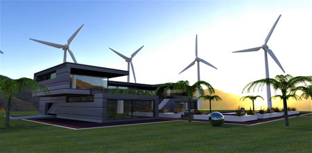 Amazing sunrise in a futuristic mountain villa. Silent, low-vibration wind turbines provide uninterrupted power supply throughout the estate. 3d rendering.の写真素材