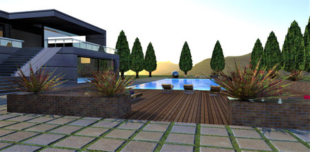 Sunset in the mountains. View from the elaborate patio in the courtyard of the new estate, designed in a minimalist style. 3d rendering.の写真素材