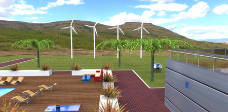 View from the balcony of a modern country house on the adjacent territory with a recreation area and wind turbines as a source of renewable electricity. 3d rendering.の写真素材