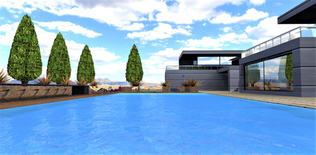 Huge blue water swimming pool in the relaxation area of a stylish tech country estate. Convenient comfortable seating area on the left. 3d rendering.の写真素材