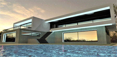 View from the pool with clear water at a stylish private house illuminated by LED strip under a romantic night sky. 3d rendering.の写真素材