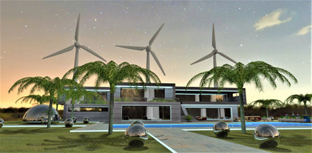 The blades of low-vibration wind turbines tirelessly generate electricity against the background of the starry sky for a wonderful suburban private house illuminated by LED lighting. 3d rendering.の写真素材