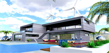 Visualization of a futuristic country estate with a swimming pool and a relaxation area. Power is provided by two wind turbines located in the backyard. 3d rendering.の写真素材