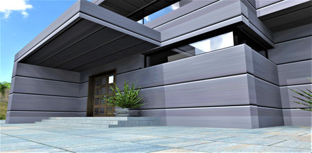 Futuristic porch design of a stylish country house. Wide automatic sensor swing doors. The exterior is lined with photovoltaic panels with built-in energy storage. 3d rendering.の写真素材