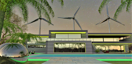 Yellow-green illumination of a house built on a distant planet after the Earth catastrophe. Energy-efficient coverage of the house, wind turbines and balls that provide power to the building. 3d rendering.の写真素材