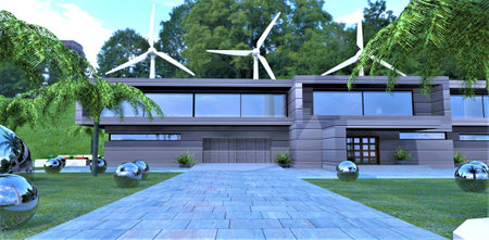 Access road to the garage of a house in the near future. Energy storage steel balls on the sides....