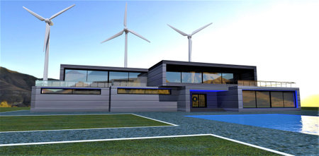Futuristic autonomous household with wind turbines on the territory. Completely self-sufficient...