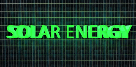 The inscription solar energy, written in green luminous color on the background of the texture of...