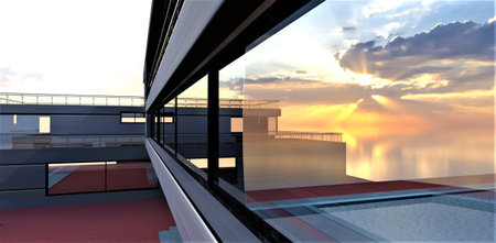 The setting sun, hiding behind the clouds, is reflected in the wide panoramic window of a wonderful...