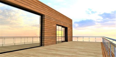 An aesthetic and environmentally friendly option for finishing a spacious balcony of a country house with a facade and terrace board. Great place for a family vacation. 3d rendering.の写真素材