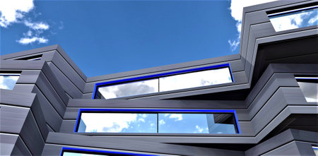 Unusual shape of the facade of the property. Bottom view against a blue sky. Metal panels as...